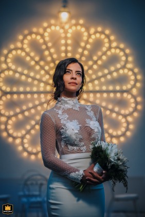 At Tenimento San Giuseppe in Foggia, the bride is illuminated by enchanting Apulian lights, creating a magical atmosphere.
